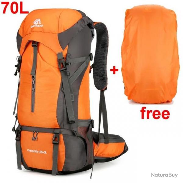 Sac  Dos de Camping en Nylon + Housse de Pluie Randonne 70 L Camping Etanche Orange