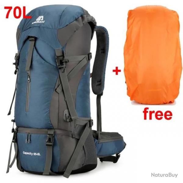 Sac  Dos de Camping en Nylon + Housse de Pluie Randonne 70 L Camping Etanche Marine