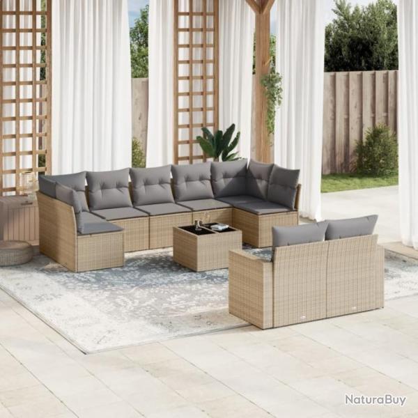 Salon de jardin avec coussins 10 pcs beige rsine tresse