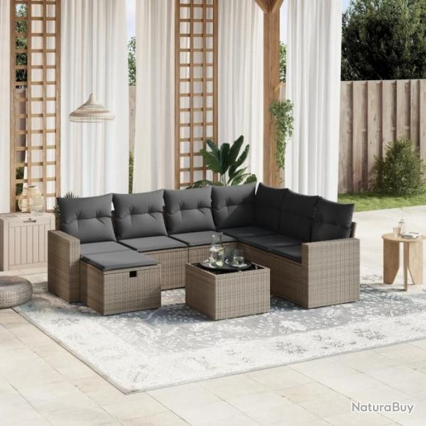 Salon de jardin 8 pcs avec coussins gris rsine tresse