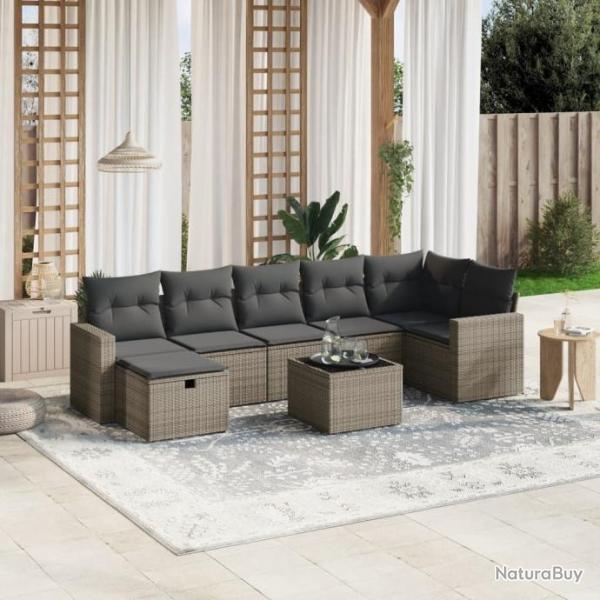 Salon de jardin 8 pcs avec coussins gris rsine tresse