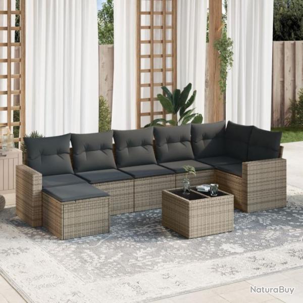 Salon de jardin 8 pcs avec coussins gris rsine tresse