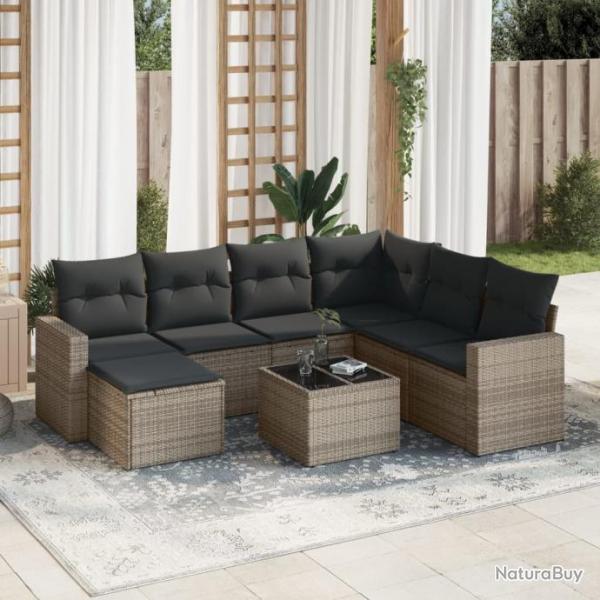 Salon de jardin 8 pcs avec coussins gris rsine tresse