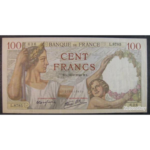 Billet 1940 France, 100 Francs, de banque, papier-monnaie, Banque de France, paper money