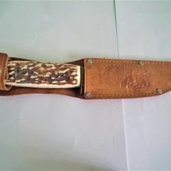 couteau de chasse acier solingen étui cuir tête gravée chef indien