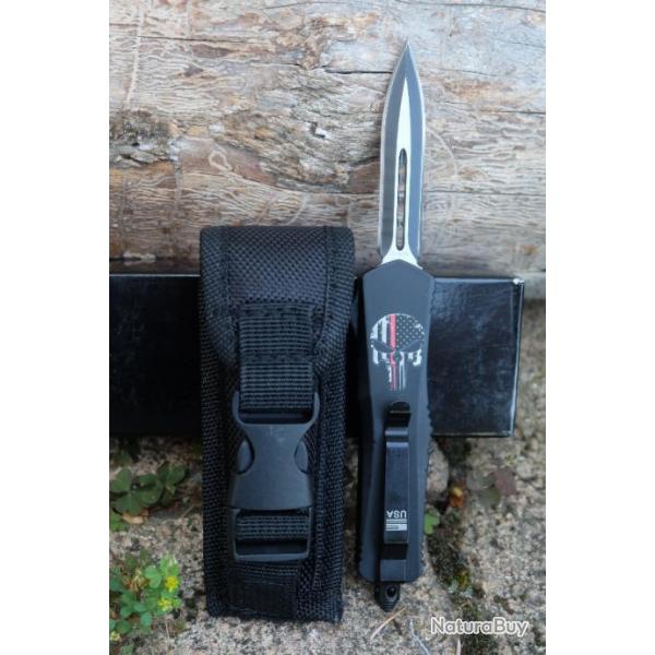 Couteau Automatique OTF Out the Front Punisher Lame Dague Acier 440C Manche Alu Clip Etui Nylon