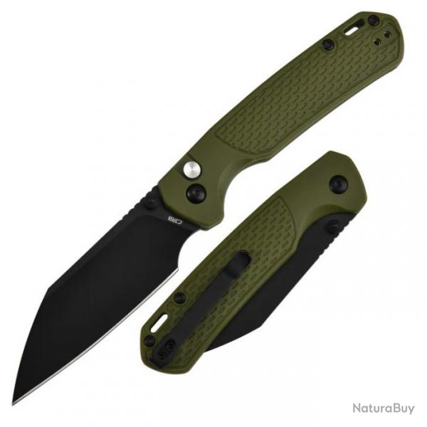 Couteau CJRB Pyrite Light OD Green Manche FRN Lame Acier AR-RPM9 Wharncliffe Button Lock J1945BGN