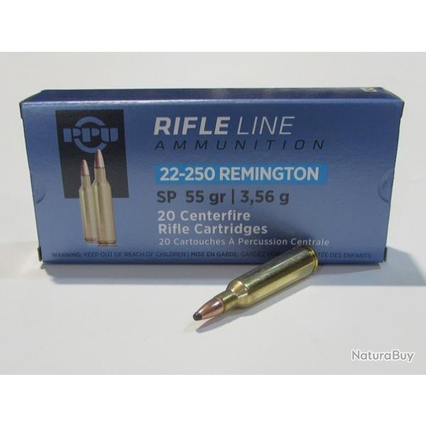 BOITE 20 CARTOUCHES PARTIZAN CALIBRE 22-250 REMINGTON 55 GRAINS SP