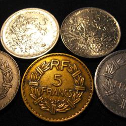 5 pieces de 5 francs Différentes République française