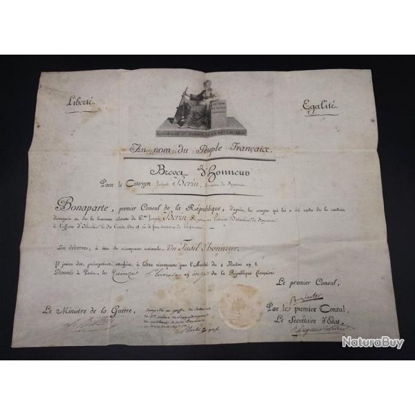 BREVET DE FUSIL D'HONNEUR POUR L'AFFAIRE D'ABOUKIR SIGNATURE NAPOLEON BONAPARTE - FRANCE PREMIER EMP