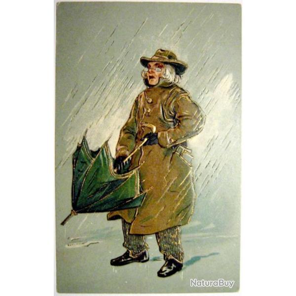 Carte postale ancienne Femme avec un parapluie, sceau en relief 1900's