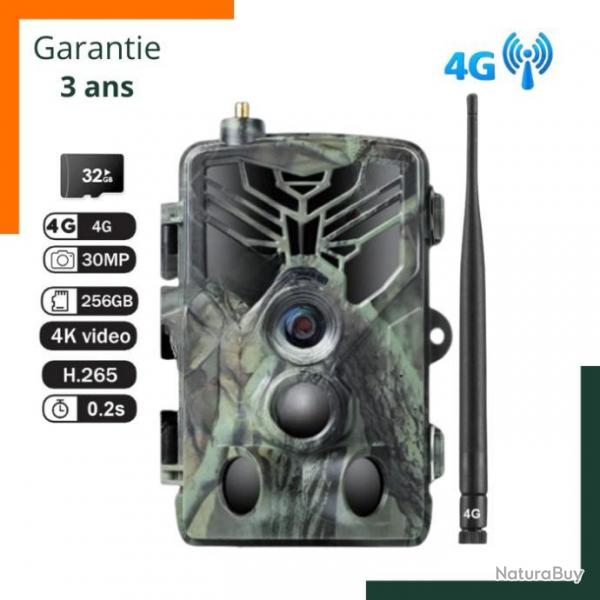 Camra de chasse 4G 4K - Garantie 3 ans : Transmission 4G UE, Vidos 4K, Dclenchement 0,2s