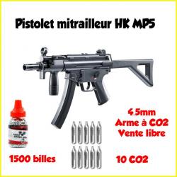 Pack Pistolet mitrailleur HK MP5 K-PDW CO2 4.5mm+ 1500 billes+ 10 CO2 