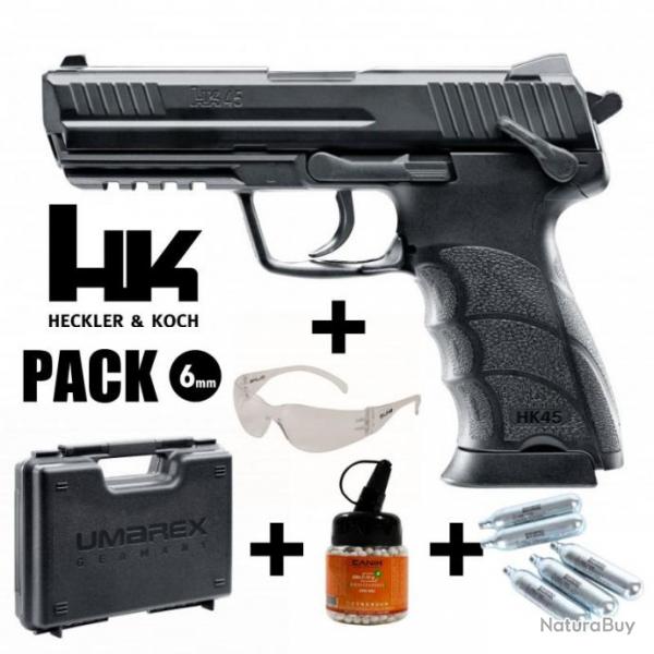 PACK PISTOLET HK45 Noir - Culasse fixe - 6 mm BB - CO