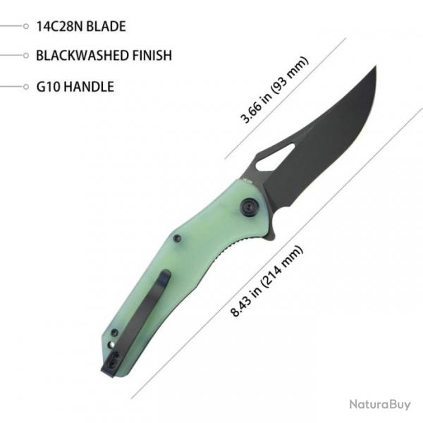 Couteau Kubey Phemius Jade Manche G10 Lame Acier 14C28N Blk IKBS Linerlock Clip KUB149H