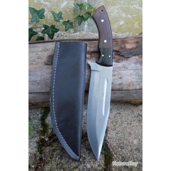 Bowie Couteau de Chasse Survie GROSSE Lame Acier Carbone 1055 Manche Bois Etui Cuir F Artisanale