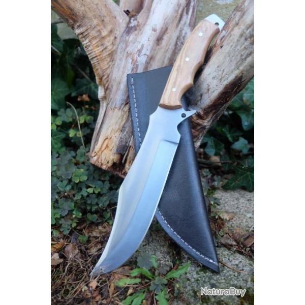 Couteau de Chasse Survie Lame Clip Point Acier Carbone 1055 Manche Olivier Etui Cuir F Artisanale 01