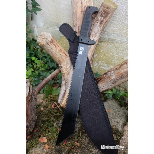 Couteau Bowie Machette SOG Lame Tanto Acier 3Cr13 Black Manche ABS Brise Noix De Coco Etui Nylon