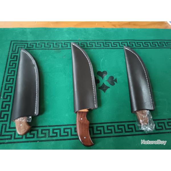 Lot de 3 Bushcraft Couteau de Chasse Survie Lame Carbone 1075 Manche Bois Etui Cuir Fabrication arti