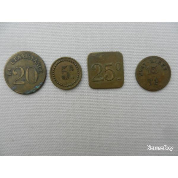 1 lot de 4 anciens jetons laiton