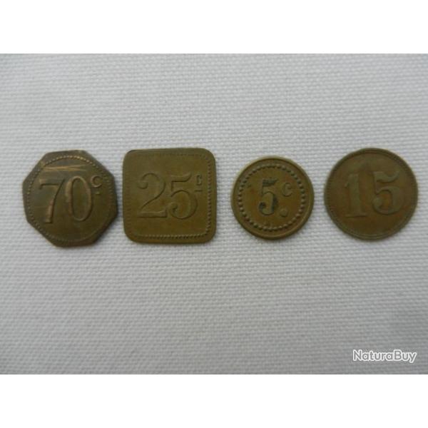 lot de 4 anciens jetons laiton