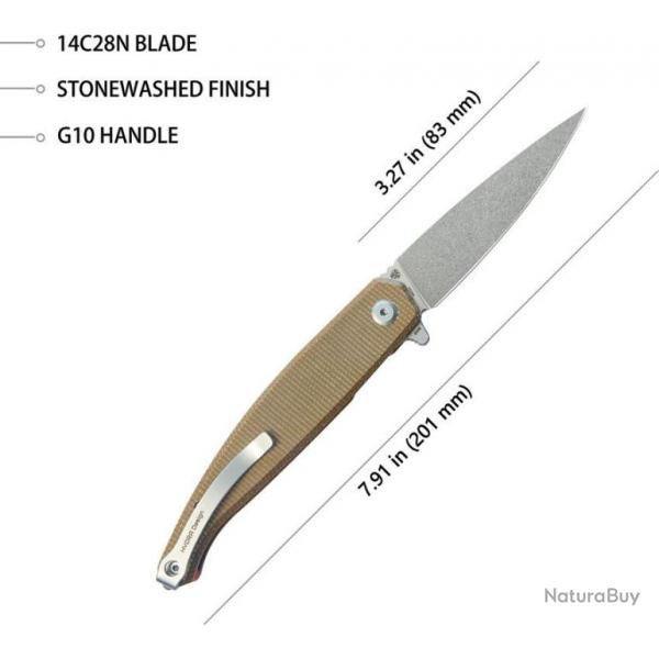 Couteau Kubey MOS Hydra Tan Manche Micarta Lame Acier 14C28N SW IKBS Linerlock Clip KUB361C