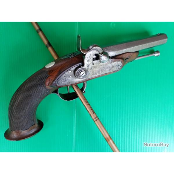 PISTOLET  PERCUSSION  BELGE  18eme .  POUCIER  OR  . PARFAIT FONCTIONNEMENT MECANIQUE  . BELLE PIECE