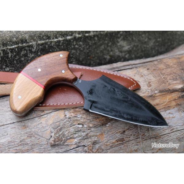 Couteau Push Dagger Lame Acier Carbone 1055 Black Manche 2 Bois Etui CUir Fabric Artisanale 002