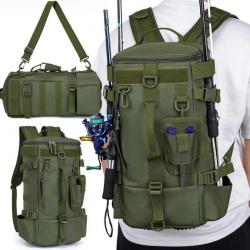 Sac à Dos de Pêche Multifonctionnel avec Porte Cannes Camping Tactique Vert