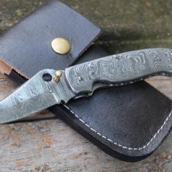 Beau Couteau Style Spyderco Tout Damas Lame 128 Couches Manche Damas Linerlock Etui Fab Artisanale