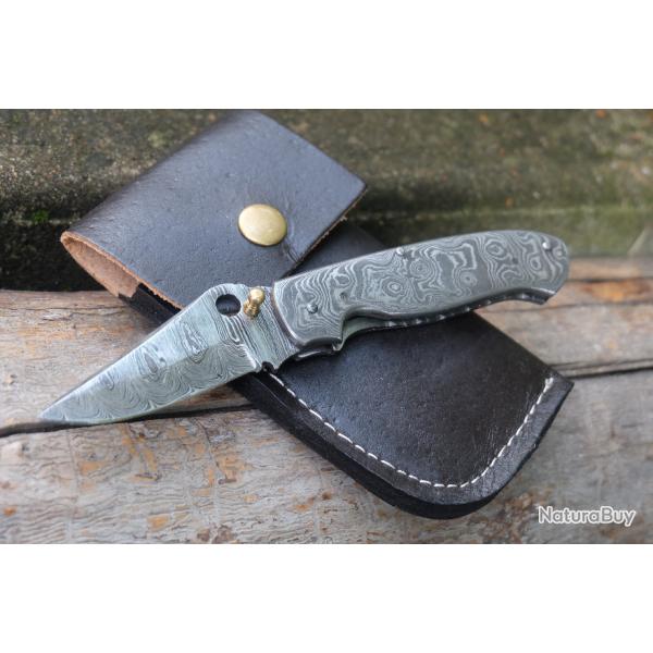 Beau Couteau Style Spyderco Tout Damas Lame 128 Couches Manche Damas Linerlock Etui Fab Artisanale