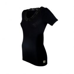 Tee shirt femme col V dentelle pure laine mérinos noir noir  L (large)