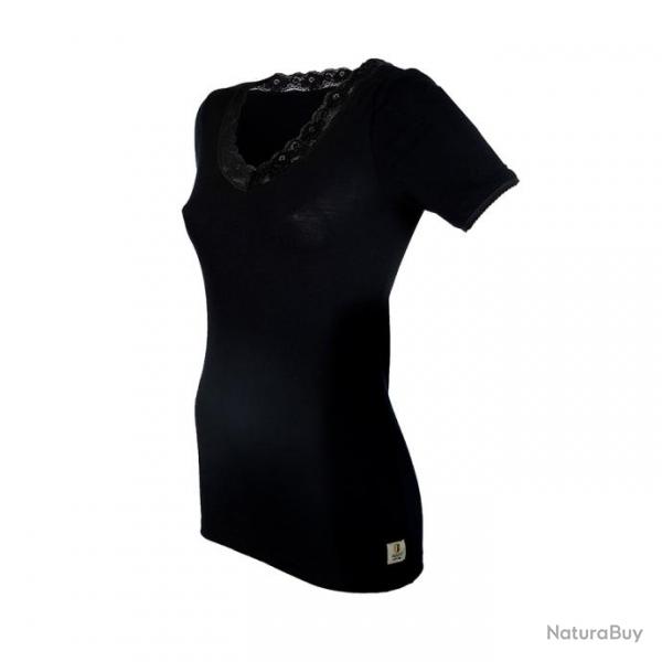 Tee shirt femme col V dentelle pure laine mrinos noir noir  M (mdium)