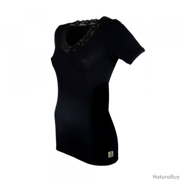 Tee shirt femme col V dentelle pure laine mrinos noir noir  XL (extra large)