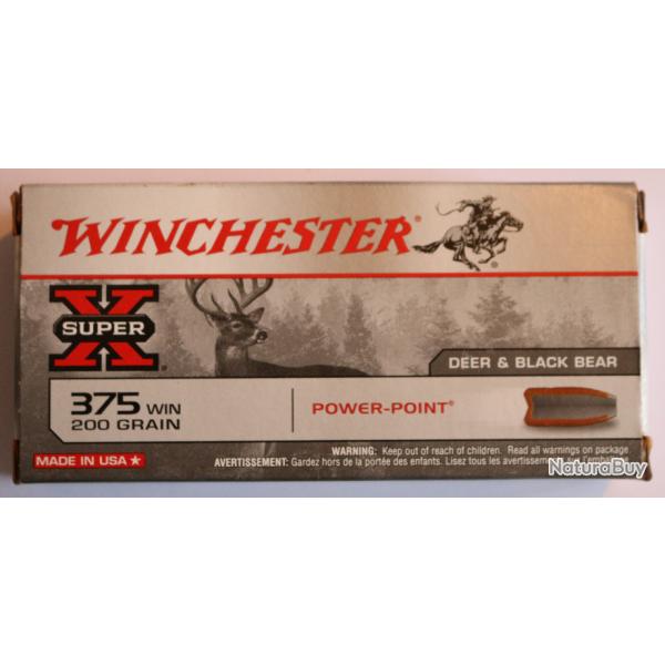 20 cartouches calibre 375 WINCHESTER "SUPER-X" - Ogive 200 grains "POWER POINT"