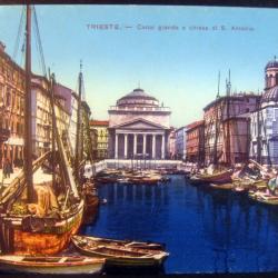 Carte postale ancienne Italie, Trieste - grand canal et église de S. Antonio 1914