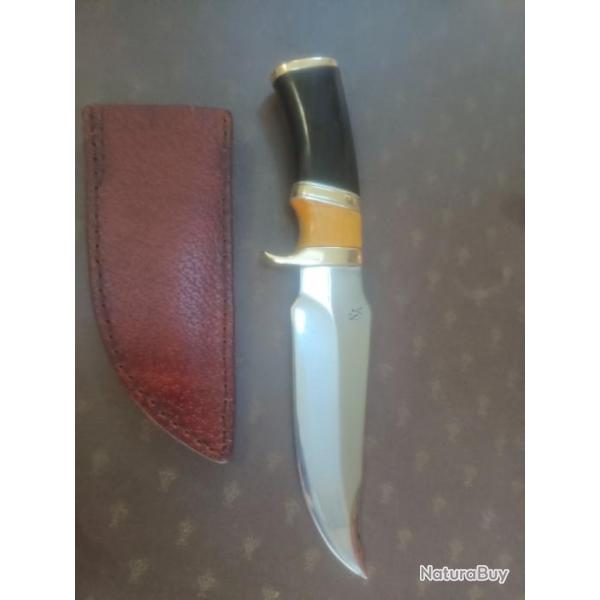 Couteau de chasse forg acier XC75 trempe selective manche  amarllo/bne