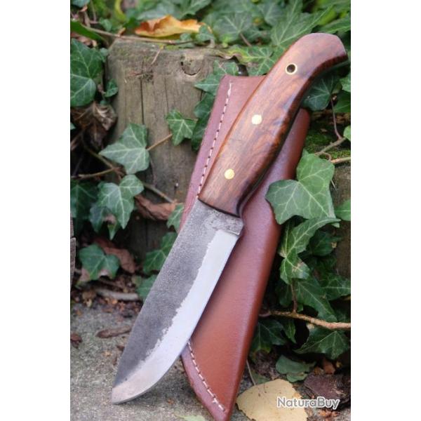 Poignard Bushcraft Couteau de Chasse Survie Lame Carbone 1075 Manche Bois Etui Cuir Fabr ArtisanaleA