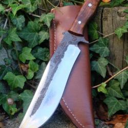 Gros Couteau De Trappeur Chasse Bowie Lame Acier Carbone 1075 Etui Cuir Manche Bois Fab Artisanale A