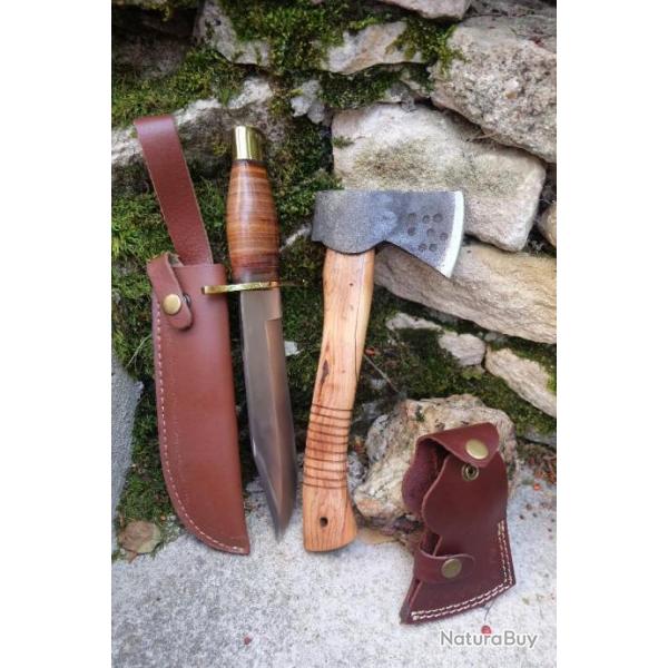 Hache Survie Bushcraft Lame Acier Carbone 1055 Manche Bois + Poignard Lame Carbone Etui Cuir