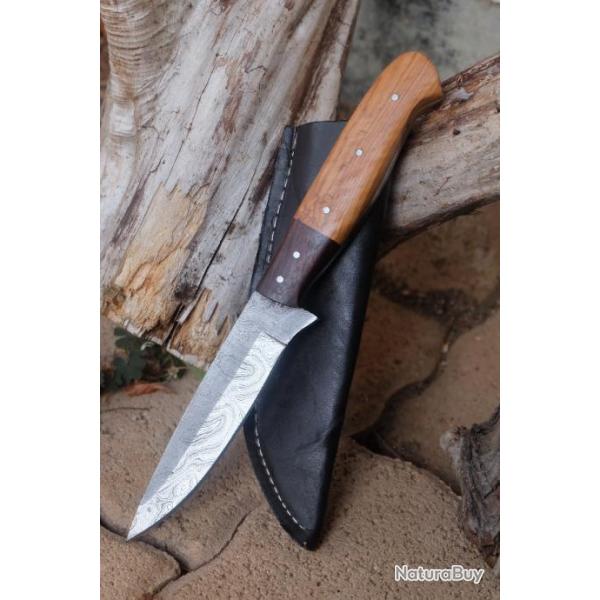 Skinner Couteau de Chasse Damas Lame Trailing Point 256 Couches Manche 2 Bois Fab Artisan Etui Cuira