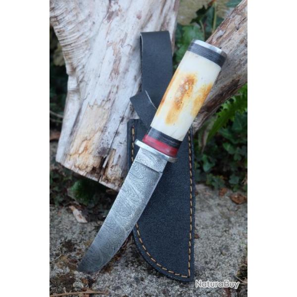 Puukko Couteau Damas Lame 256 Couches Lame Bowie Manche Os Fabr Artisanale Etui Nylon Nordic Style