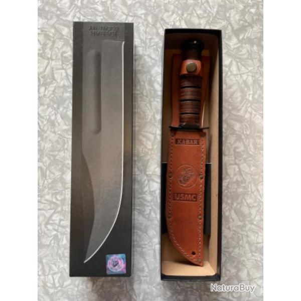 KA-BAR USMC AUTHENTIQUE  lame pleine soie  d'occasion avec son tui cuir avec sa bote d'origine