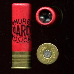 Cal. 16 centrale - ARMURERIE DARCY DIJON - carton rouge MGM - culot cranté 16 mm - chrevotine