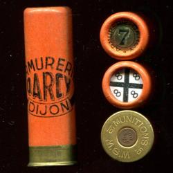 Cal. 16 centrale - ARMURERIE DARCY DIJON - carton orange MGM - culot 8 mm - plomb 7 ou 8