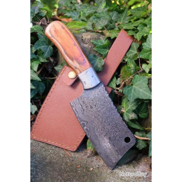 Couteau Couperet Butcher Chopper Damas Lame & Mitres 256 Couches Manche Bois Etui Simili F Artisanat