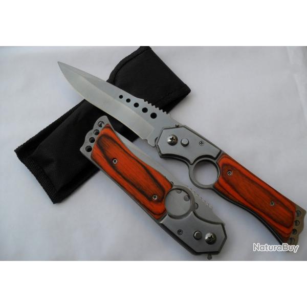 Grand Couteau Automatique Lame Acier 11 Cm Manche Bois 14 Cm Chasse Pche Bivouac