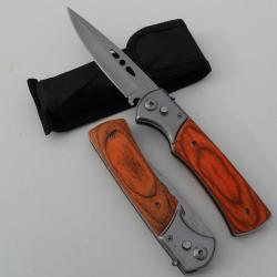 Grand Couteau Automatique Lame Acier 10 Cm Manche Bois 13Cm Chasse Pêche Bivouac Outdoor