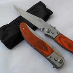 Couteau Automatique Lame Acier 10 Cm Manche Bois 12,5 Cm Chasse Pêche Bivouac Outdoor