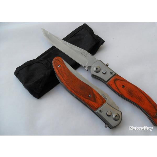 Couteau Automatique Lame Acier 10 Cm Manche Bois 12,5 Cm Chasse Pche Bivouac Outdoor